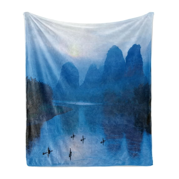 East Soft Flannel Fleece Blanket, Sunrise with Bamboo Raft at Yangshuo on Li River China Fishing Boat Scenic Mist, Cozy Plush for Indoor and Outdoor Use, 50" x 70", Royal Blue Aqua, by Ambesonne