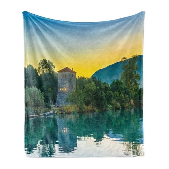 East Soft Flannel Fleece Blanket, Venetian Tower Archaeological Site National Park at Sunrise Lake Sanctuary Landscape, Cozy Plush for Indoor and Outdoor Use, 50" x 60", Blue Green, by Ambesonne