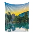 thumbnail image 1 of East Soft Flannel Fleece Blanket, Venetian Tower Archaeological Site National Park at Sunrise Lake Sanctuary Landscape, Cozy Plush for Indoor and Outdoor Use, 70" x 90", Blue Green, by Ambesonne, 1 of 5
