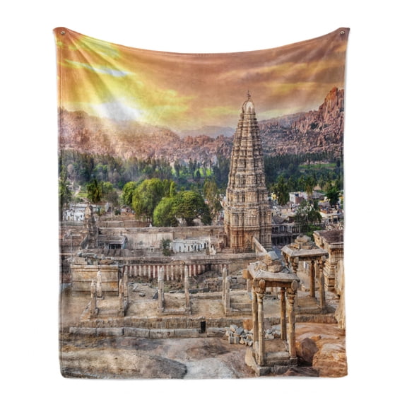 East Soft Flannel Fleece Blanket, Viruphaksha Building View up from the Hills Sunset Above City Buildings Rock Tower, Cozy Plush for Indoor and Outdoor Use, 60" x 80", Orange Cream, by Ambesonne