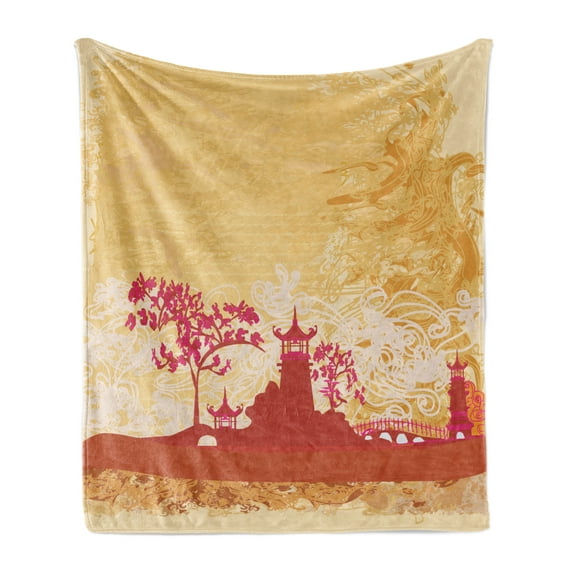 East Soft Flannel Fleece Throw Blanket, Building in Floral Environment with Other Elements, Cozy Plush for Indoor and Outdoor Use, 50" x 60", Persian Orange and Pink, by Ambesonne