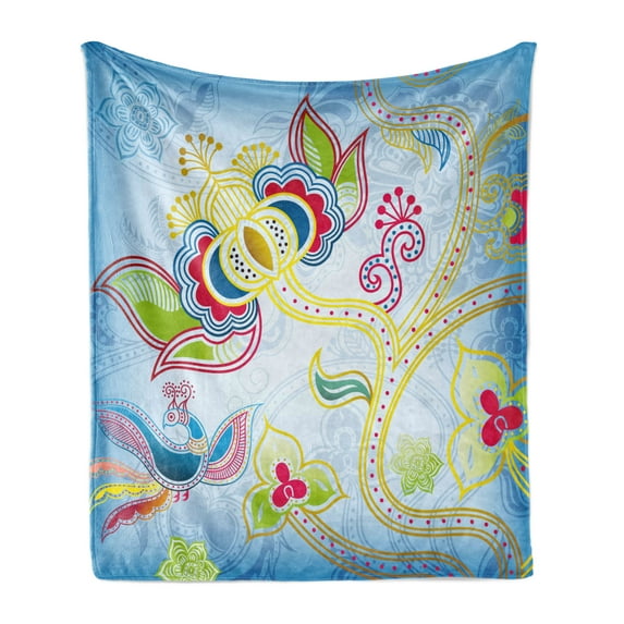 East Soft Flannel Fleece Throw Blanket, Colorful Floral Far Eastern Art Motifs Swirled Lines Dots and Phoenix Bird, Cozy Plush for Indoor and Outdoor Use, 60" x 80", Multicolor, by Ambesonne