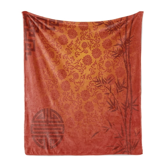 East Soft Flannel Fleece Throw Blanket, Eastern Scenery with Branches Traditional Chinese Print, Cozy Plush for Indoor and Outdoor Use, 50" x 70", Pale Orange Burgundy, by Ambesonne