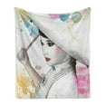 thumbnail image 1 of East Soft Flannel Fleece Throw Blanket, Eastern Woman Girl with Oriental Umbrella Drawing with Watercolor and Brushstrokes, Cozy Plush for Indoor and Outdoor Use, 60" x 80", Multicolor, by Ambesonne, 1 of 5