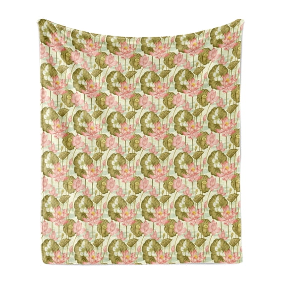 East Soft Flannel Fleece Throw Blanket, Exotic Foliage with Butterflies Watercolor Brush Stroke Effect Vintage, Cozy Plush for Indoor and Outdoor Use, 70" x 90", Pale Green Olive, by Ambesonne