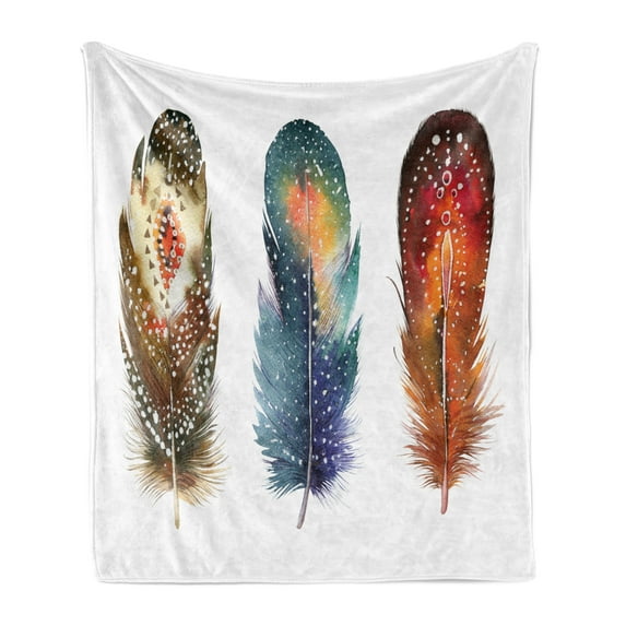 East Soft Flannel Fleece Throw Blanket, Feathers Ornament Ceremonial Esoteric Inspired Design Print, Cozy Plush for Indoor and Outdoor Use, 60" x 80", Orange Blue, by Ambesonne
