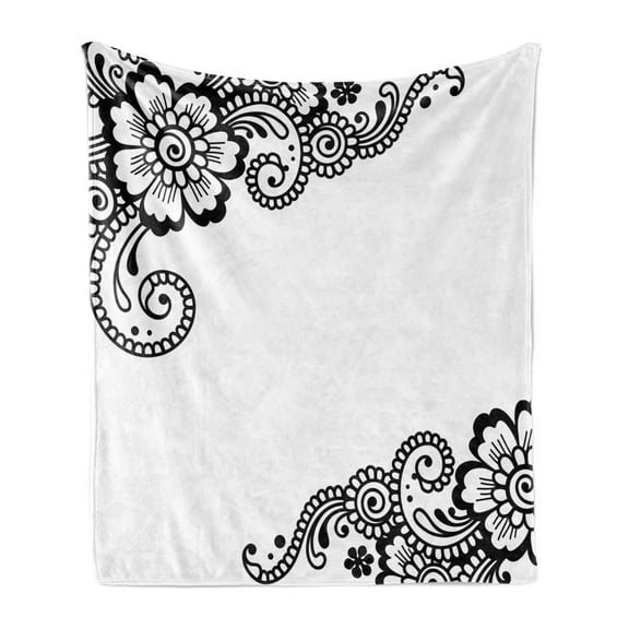 East Soft Flannel Fleece Throw Blanket, Floral Corner Ornaments with Swirls and Blossoms Monochrome Folkloric Inspirations, Cozy Plush for Indoor and Outdoor Use, 50" x 70", White Black, by Ambesonne