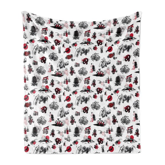 East Soft Flannel Fleece Throw Blanket, Japanese Architecture Towers Palaces Houses Sketchy Silhouettes Dragon, Cozy Plush for Indoor and Outdoor Use, 60" x 80", Dark Coral Black White, by Ambesonne