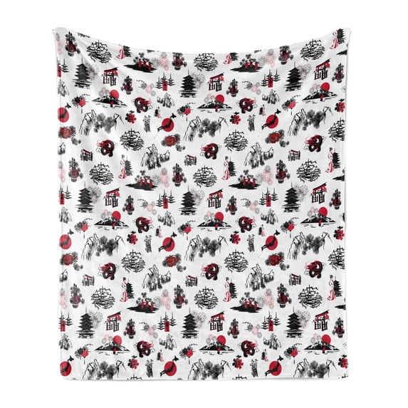 East Soft Flannel Fleece Throw Blanket, Japanese Architecture Towers Palaces Houses Sketchy Silhouettes Dragon, Cozy Plush for Indoor and Outdoor Use, 60" x 80", Dark Coral Black White, by Ambesonne