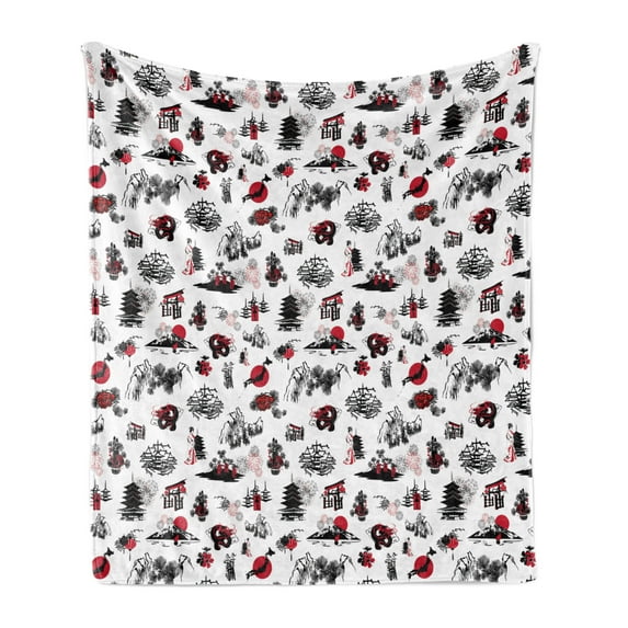 East Soft Flannel Fleece Throw Blanket, Japanese Architecture Towers Palaces Houses Sketchy Silhouettes Dragon, Cozy Plush for Indoor and Outdoor Use, 70" x 90", Dark Coral Black White, by Ambesonne