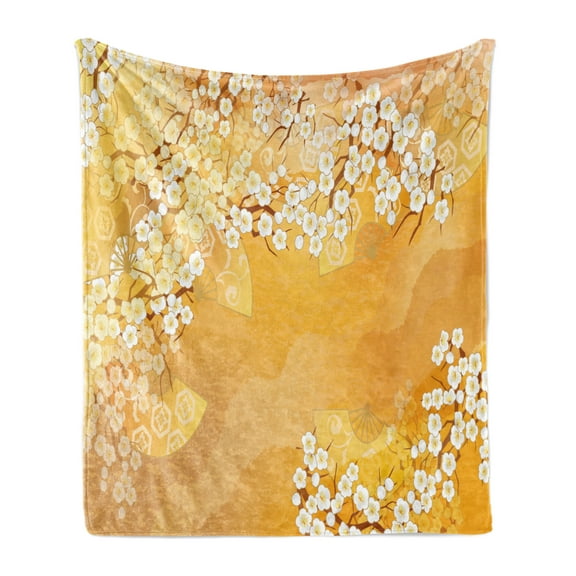 East Soft Flannel Fleece Throw Blanket, Japanese Cherry Blossom Sakura Tree Branches Blooms Artwork, Cozy Plush for Indoor and Outdoor Use, 70" x 90", Marigold and Cream, by Ambesonne