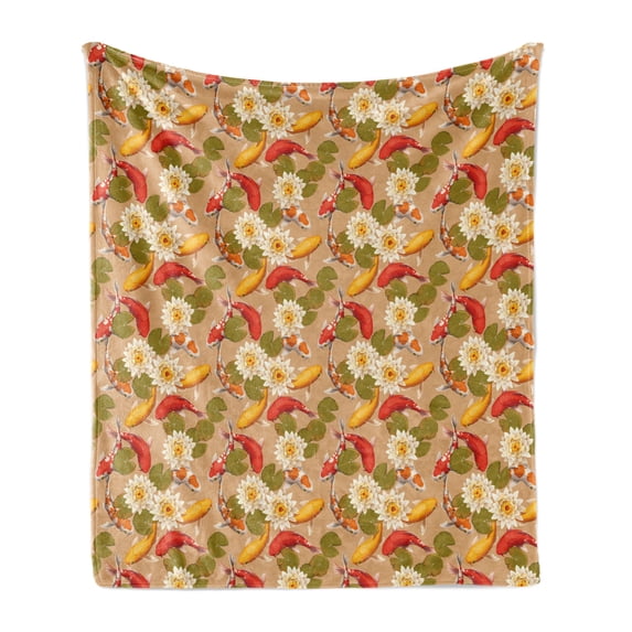 East Soft Flannel Fleece Throw Blanket, Japanese Koi Fishes Swimming with Lotus Flowers Yoga Boho Pattern, Cozy Plush for Indoor and Outdoor Use, 50" x 70", Multicolor, by Ambesonne