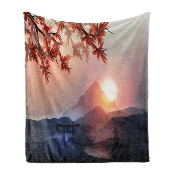East Soft Flannel Fleece Throw Blanket, Majestic Himalayas Peaks Tops Silhouette of Sun Life Circle Culture Artwork, Cozy Plush for Indoor and Outdoor Use, 50" x 70", Blue Pink Red, by Ambesonne