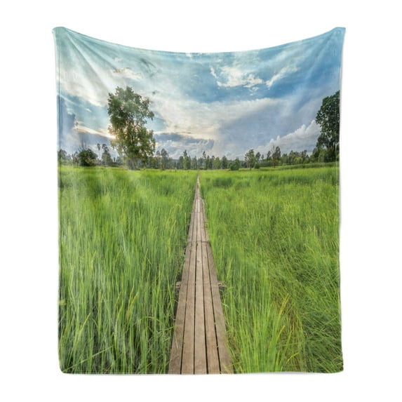 East Soft Flannel Fleece Throw Blanket, Old Wooden Bridge Between Rice Field with Sunlight at Khonburi Thailand, Cozy Plush for Indoor and Outdoor Use, 50" x 60", Green Pale Blue Tan, by Ambesonne
