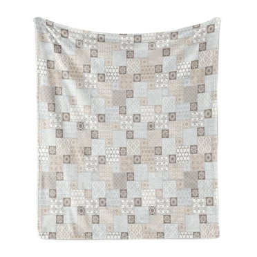 East Soft Flannel Fleece Throw Blanket, Oriental Checkered Pattern Grid Style Patchwork Design Mosaic Ornamental Design, Cozy Plush for Indoor and Outdoor Use, 60" x 80", Grey Tan Taupe, by Ambesonne