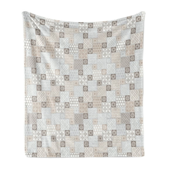 East Soft Flannel Fleece Throw Blanket, Oriental Checkered Pattern Grid Style Patchwork Design Mosaic Ornamental Design, Cozy Plush for Indoor and Outdoor Use, 50" x 60", Grey Tan Taupe, by Ambesonne