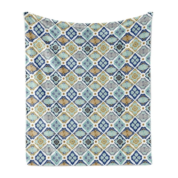 East Soft Flannel Fleece Throw Blanket, Oriental Motifs Pattern with Swirls and Floral Elements Middle Eastern Illustration, Cozy Plush for Indoor and Outdoor Use, 70" x 90", Multicolor, by Ambesonne