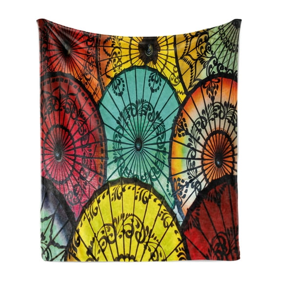 East Soft Flannel Fleece Throw Blanket, Parasols at Indonesian Street Market Vibrant Heritage Boho Inspired Print, Cozy Plush for Indoor and Outdoor Use, 70" x 90", Multicolor, by Ambesonne