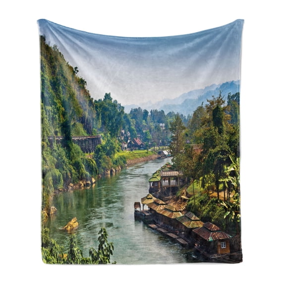 East Soft Flannel Fleece Throw Blanket, River Kwai Living House Tropic Thailand Village Attractions Scenery, Cozy Plush for Indoor and Outdoor Use, 70" x 90", Forest Green Turquoise, by Ambesonne