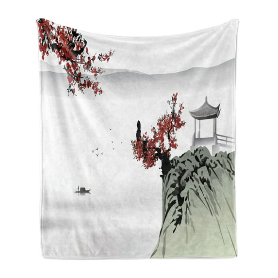East Soft Flannel Fleece Throw Blanket, River Scenery Cherry Blossoms Boat Cultural Hints View, Cozy Plush for Indoor and Outdoor Use, 50" x 60", Ruby Pale Grey, by Ambesonne