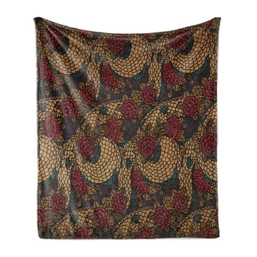 East Soft Flannel Fleece Throw Blanket, Traditional Design Roses and Dragon Eastern Chinese Pattern, Cozy Plush for Indoor and Outdoor Use, 70" x 90", Jade Green Sand Brown, by Ambesonne