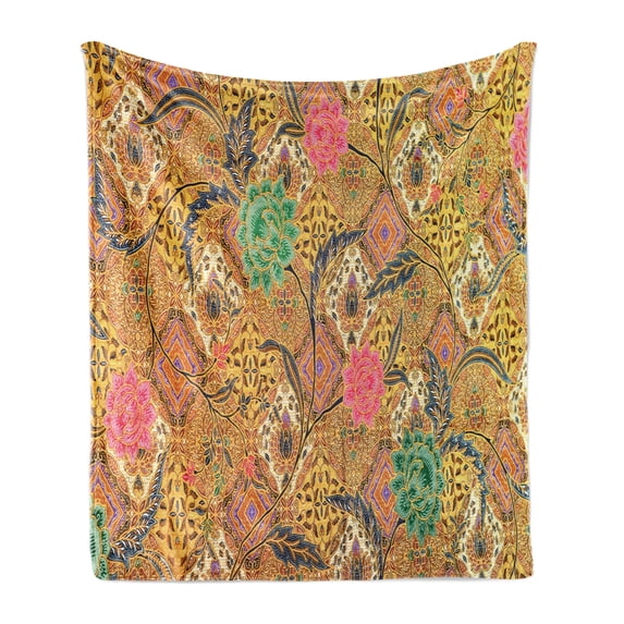 East Soft Flannel Fleece Throw Blanket, Traditional Malaysian and Javanese Design Rich Retro Revival Pattern with Flowers, Cozy Plush for Indoor and Outdoor Use, 50" x 70", Multicolor, by Ambesonne