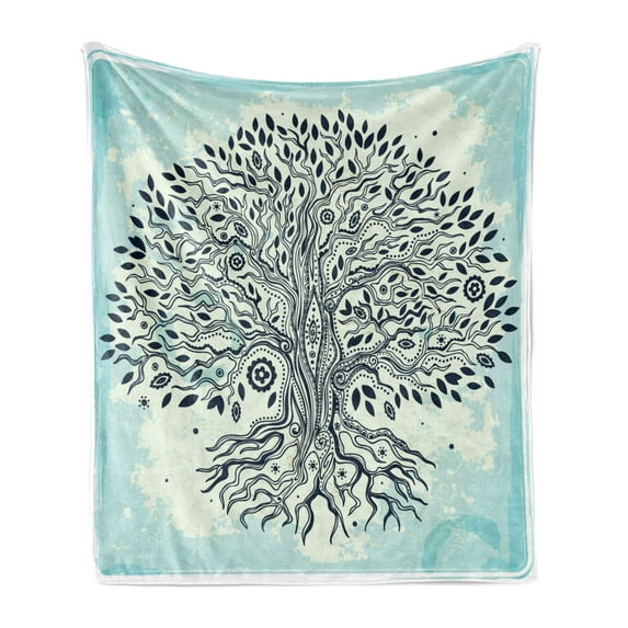 East Soft Flannel Fleece Throw Blanket, Tree of Life Chinese Bonsai Roots Bohemian Hippie Evil Eye Occult Theme, Cozy Plush for Indoor and Outdoor Use, 70" x 90", Indigo Cream Pale Blue, by Ambesonne