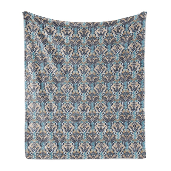 East Soft Flannel Fleece Throw Blanket, Vintage Eastern Abstract Floral Pattern with Leaves Grid Style Lines, Cozy Plush for Indoor and Outdoor Use, 70" x 90", Pale and Dark Blue Beige, by Ambesonne