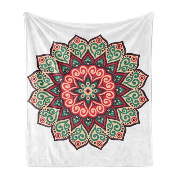 East Soft Flannel Fleece Throw Blanket, Vintage Style Traditional Round Motif with Swirly Floral Details in Retro Colors, Cozy Plush for Indoor and Outdoor Use, 50" x 70", Multicolor, by Ambesonne