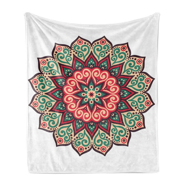 East Soft Flannel Fleece Throw Blanket, Vintage Style Traditional Round Motif with Swirly Floral Details in Retro Colors, Cozy Plush for Indoor and Outdoor Use, 50" x 70", Multicolor, by Ambesonne