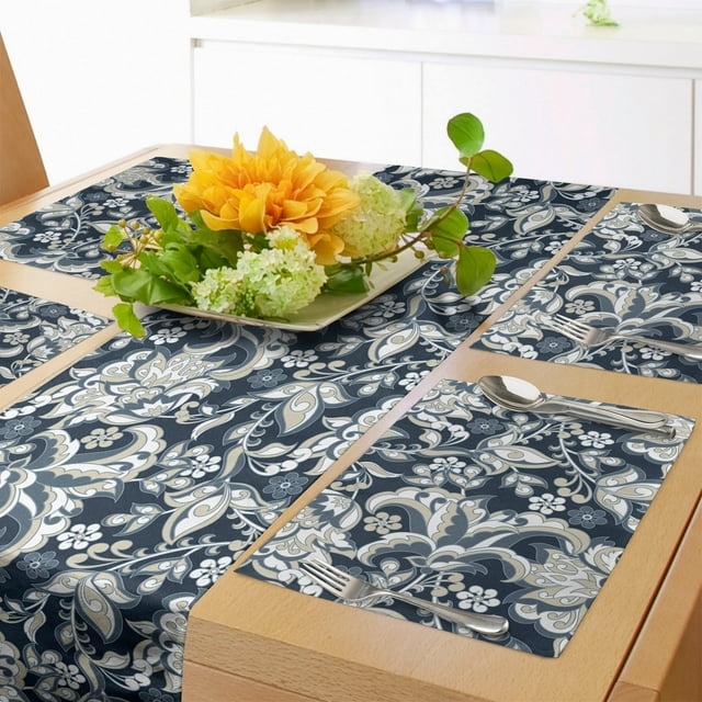 East Table Runner & Placemats, Floral Illustration Oriental Eastern