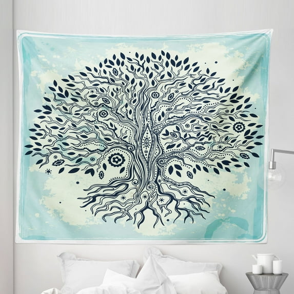 East Tapestry, Tree of Life Chinese Bonsai Roots Bohemian Hippie Evil Eye Occult Theme, Fabric Wall Hanging Decor for Bedroom Living Room Dorm, 5 Sizes, Indigo Cream Pale Blue, by Ambesonne