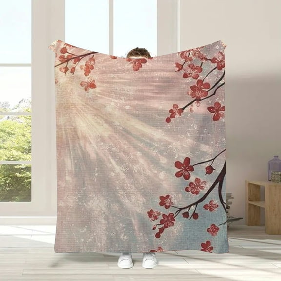 East Throw Blanket, Japanese Cherry Blossom Sakura Buds Springtime Travel Destinations Seasonal, Flannel  Accent Piece Soft Couch Cover for Adults, Coral Pink