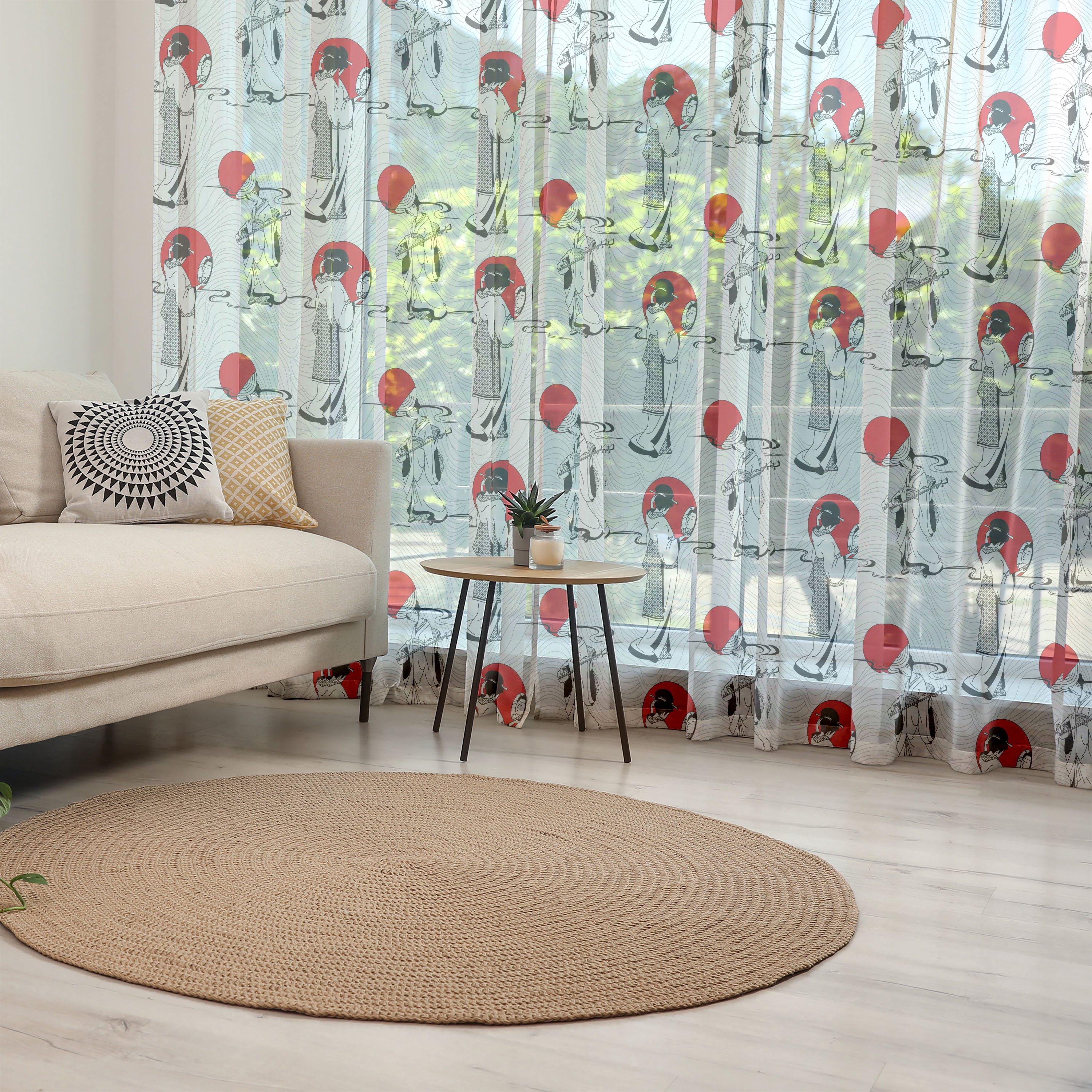 Japanese Geisha Curtains – Red Geisha Girl & Cherry Blossom Design, Rod Pocket, 84x84 Inch, Blackout