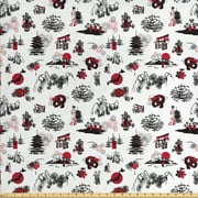 Ambesonne East Fabric by the Yard Upholstery, Japanese Architecture Artwork, 2 Yards, Dark Coral Black White