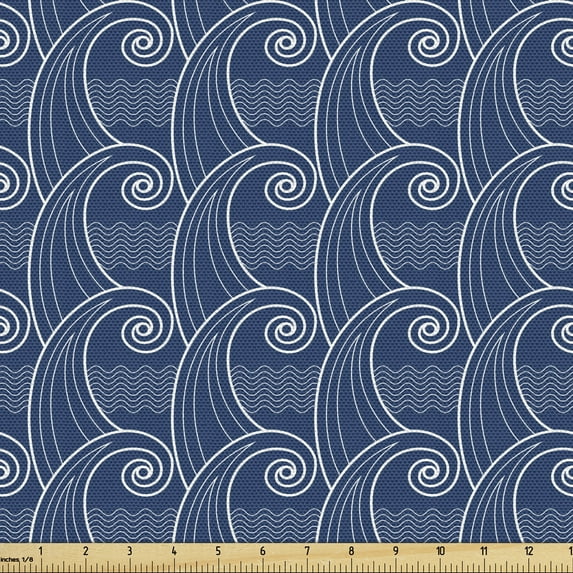 Ambesonne East Fabric by the Yard Upholstery, Japanese Art Sea Waves Motif, 1 Yard, Night Blue White