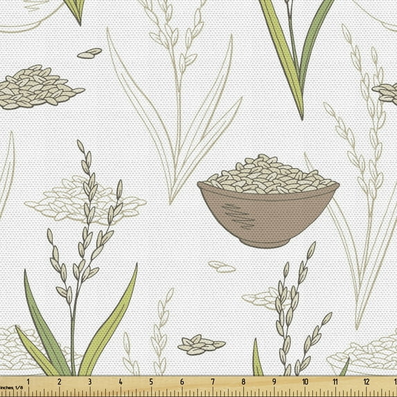 East Upholstery Fabric by the Yard, Rhythmic Hand Drawn Rice Plant and Pieces in Bowl, Decorative Fabric for DIY and Home Accents, Warm Taupe Reseda Green by Ambesonne