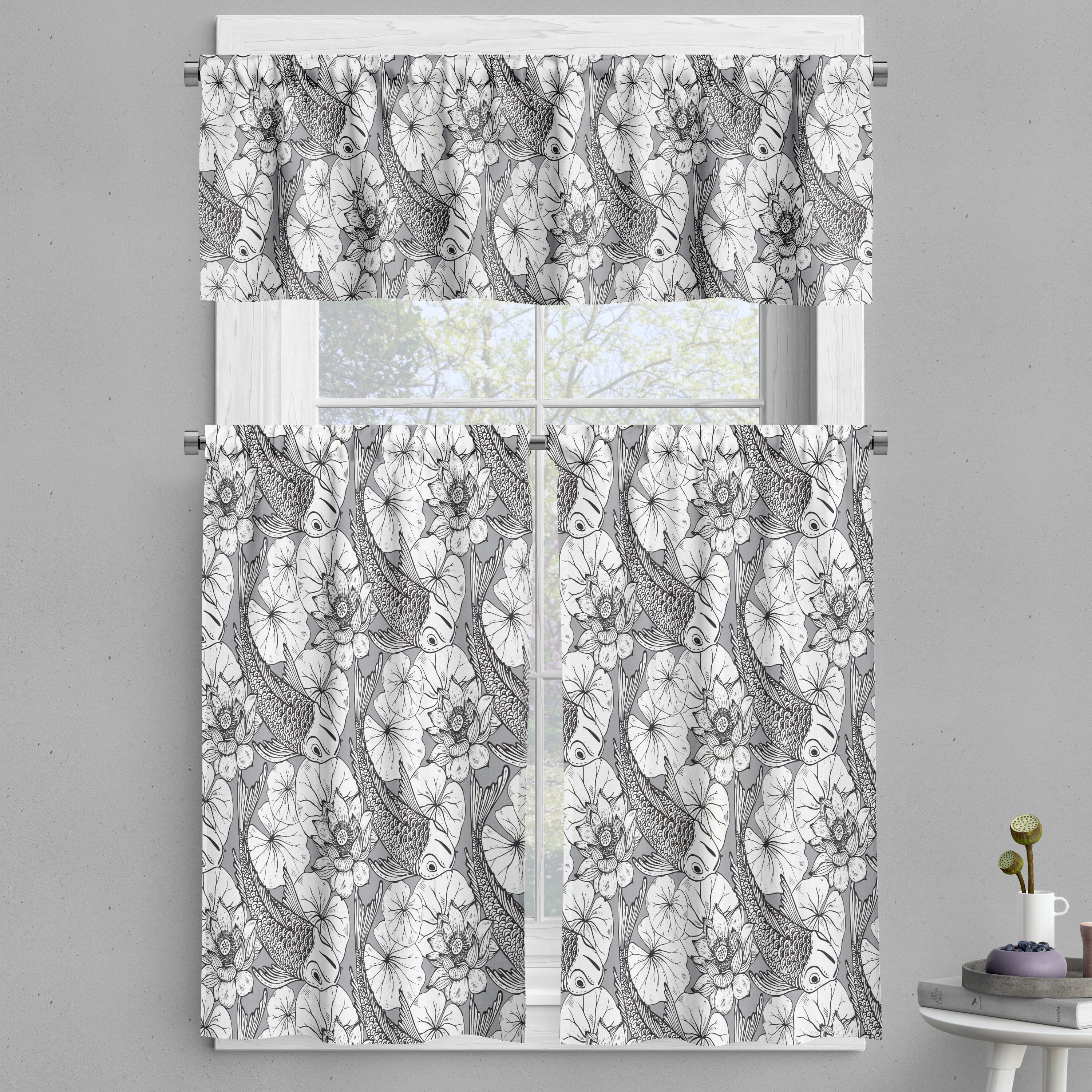 East Valance Tier Curtain 3 Pcs Set Sketch Style Lotus And Carp Koi east-valance-tier-curtain-3-pcs-set-sketch-style-lotus-and-carp-koi
