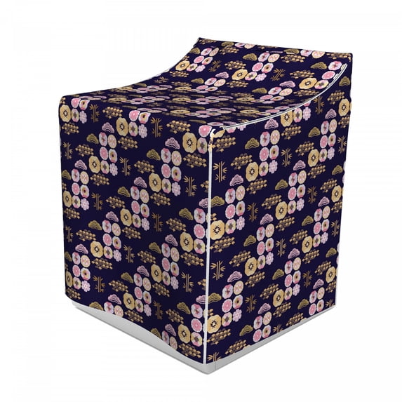 East Washer Cover, Japanese Art Inspired Sakura Flowers Clouds and Waves Cultural Vibes Print, Decorative Accent for Laundromats, 29" x 28" x 40", Indigo and Multicolor, by Ambesonne