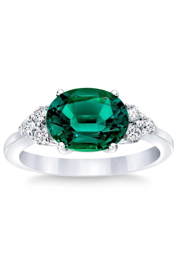 East West Diamond Ring, Oval Cut Green Emerald Diamond Engagement Ring, Seven Stone Diamond Ring, May Birthstone Ring, 2.4 Ct Simulated Emerald And Diamond, 925 Sterling Silver, Gemstone Ring