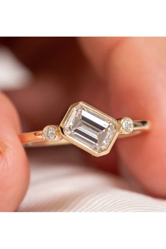 East West Emerald Bezel Set Engagement Ring Moissanite 3 Stone Ring For Wedding Ring in 14K Yellow Gold Plated