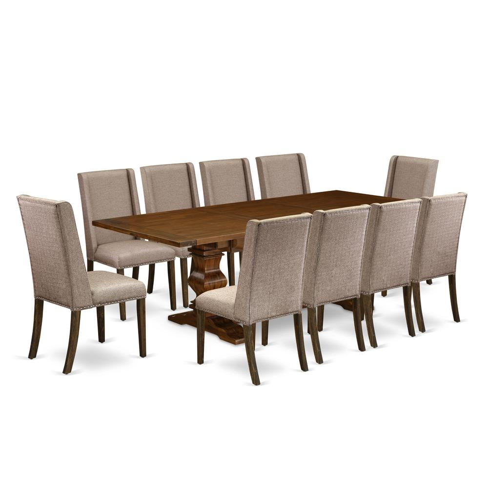 Antique Walnut 11-Piece Dining Set with Dark Khaki Linen Chairs