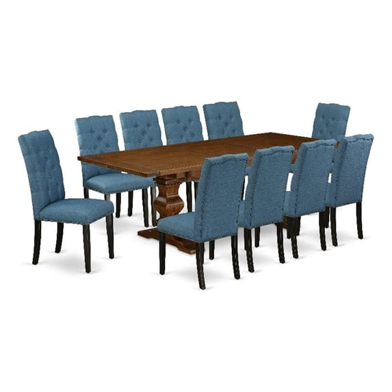 East West Furniture 11-Pieces Kitchen Table Set - A Butterfly Leaf Double Pedestal Dinner Table and 10 Blue Linen Fabric Dining Chairs with Button Tufted Back - Antique Walnut Finish