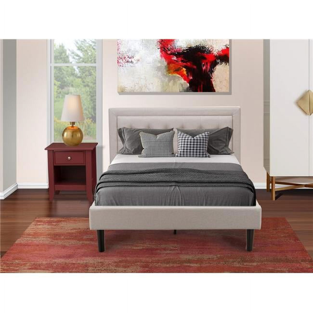 Mist Beige Upholstered Full Bed with Burgundy Nightstand