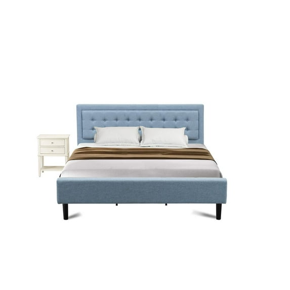 East West Furniture FN11K-1VL0C 2-Piece Platform Bed Set with 1 King Size Bed and a Small Nightstand - Denim Blue Linen Fabric