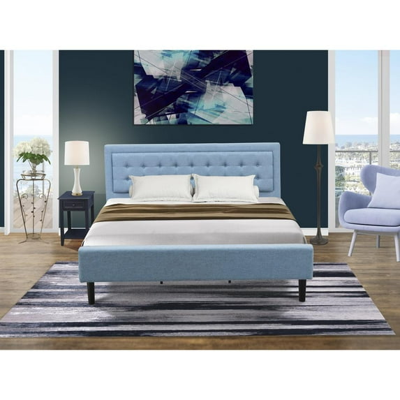 East West Furniture FN11K-1DE15 2-Piece Platform Bedroom Set with 1 Mid Century Bed and 1 Bedroom Nightstand - Denim Blue Linen Fabric