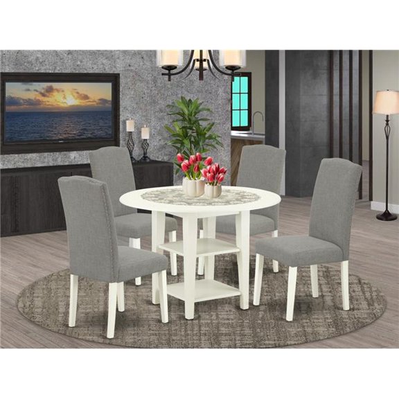 East West Furniture 20-42 in. Sudbury Round Dining Room Table with Two 11 in. Drop Leaves & Four Parson Chair with Linen White Leg & Linen Fabric - Dark Shitake, 5 Piece