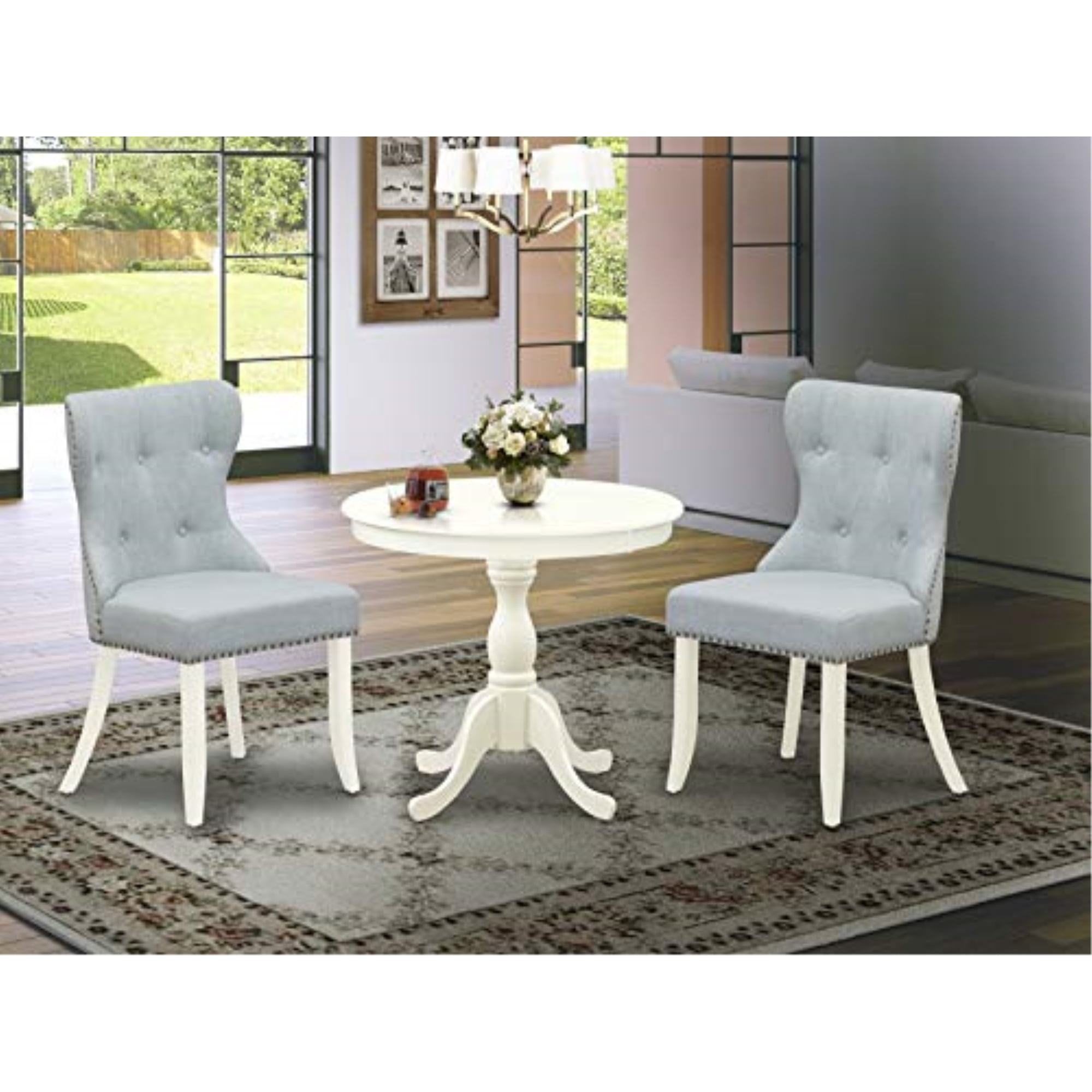 East West Furniture 3-Piece Dining Table Set - Medium Size Table With 2 Parson Chairs, Linen Fabric, Button Tufted Back