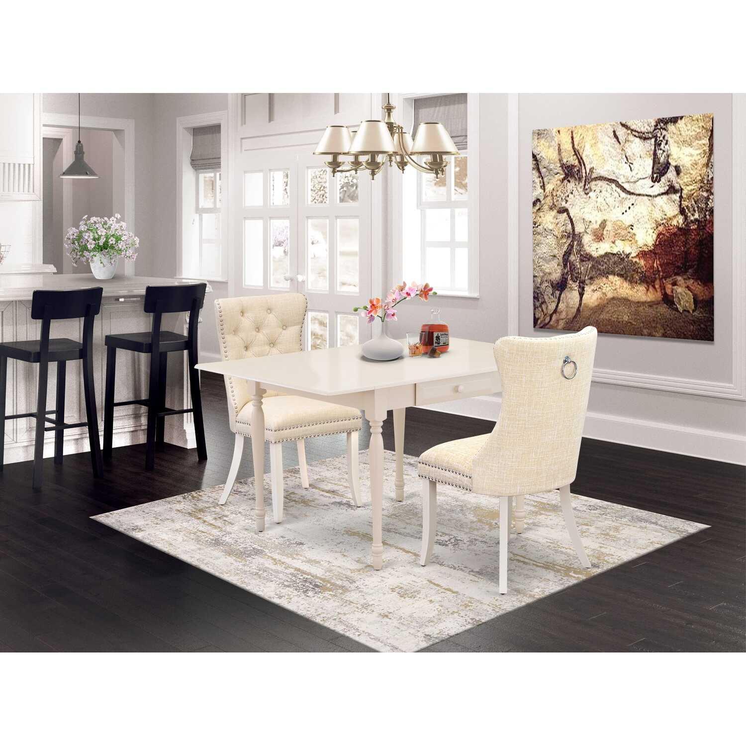 Linen White Rubberwood Dining Table Set with Beige Upholstered Chairs