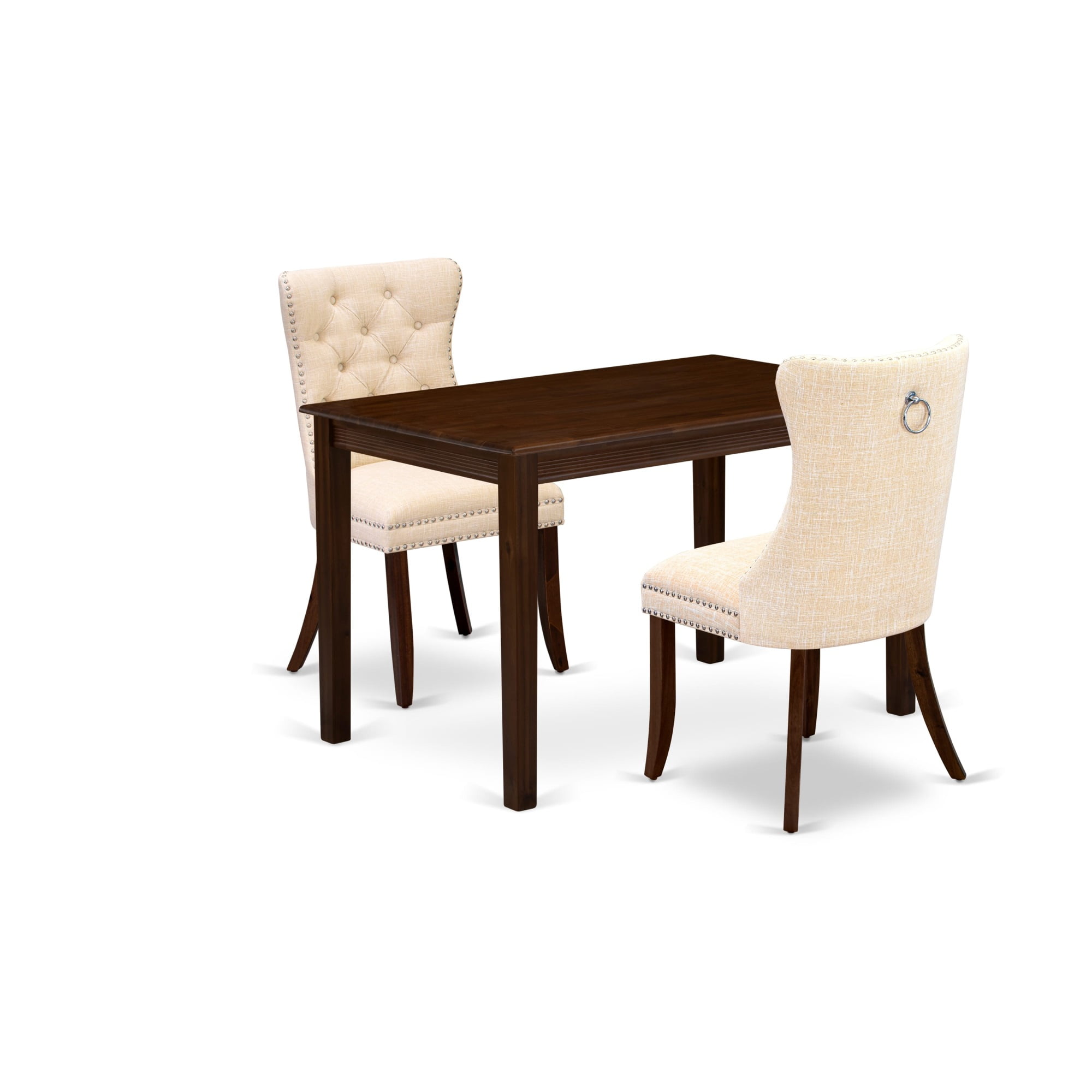 Antique Walnut 3-Piece Dining Set with Light Beige Linen Upholstered Chairs
